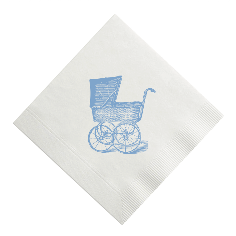 White napkin with a blue stroller design on a white background