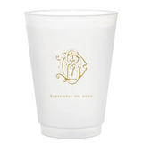 White cup with gold logo and text on a white background
