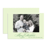 "Merry Christmas" Landscape Green on Green Foil Printed Photo Attached Holiday Card