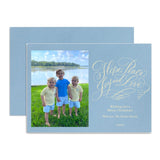 "Hope, Peace, Joy, & Love" Blue Landscape Ivory Foil Printed Photo Attached Holiday Card