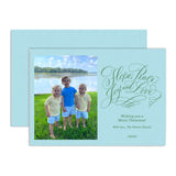 "Hope, Peace, Joy, & Love" Blue  Landscape Green Foil Printed Photo Attached Holiday Card