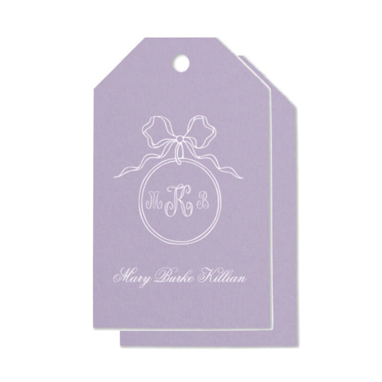 Lavender gift tag with white monogram and text on a white background