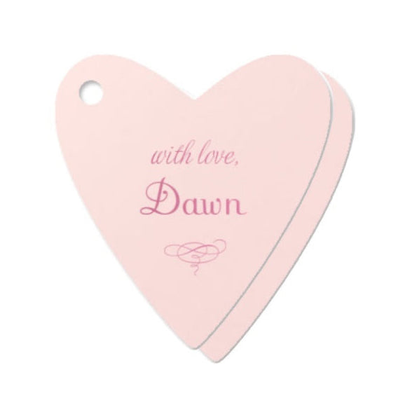 Pink heart-shaped tag with 'with love, Dawn' text on a white background