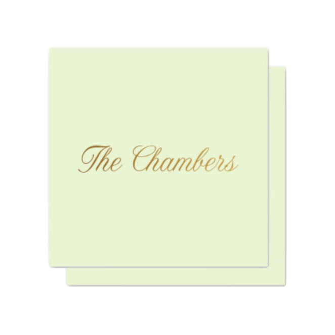 Light green enclosure card with 'The Chambers' text on a white background