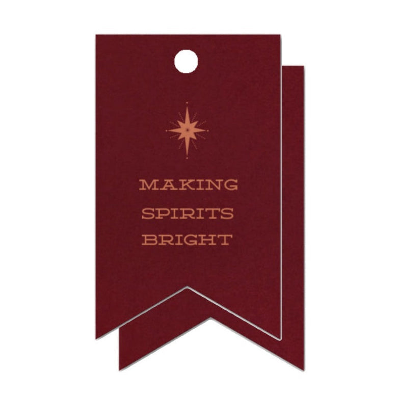 Red gift tag with 'Making Spirits Bright' text on a white background