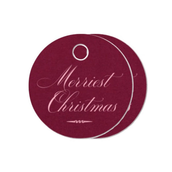 Round red Christmas tag with 'Merriest Christmas' text on a white background
