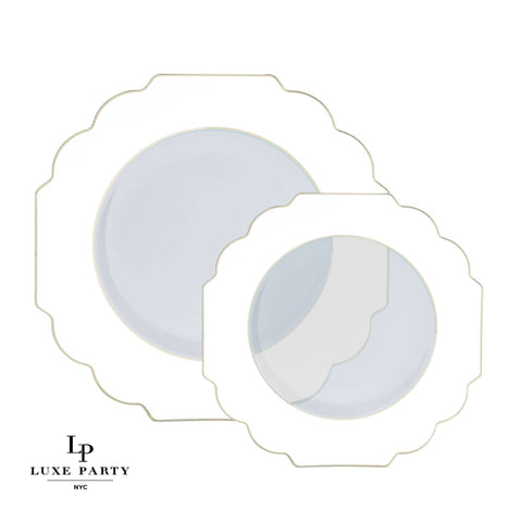 Scalloped Clear Base Gold • White Plastic Plates | 10 Pack