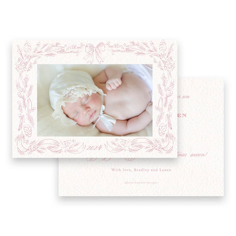 Landscape Pink Floral Border Holiday Card / Birth Announcement