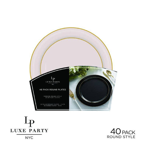 Round Walled Linen and Gold Plastic Plates Set | 32 Pack