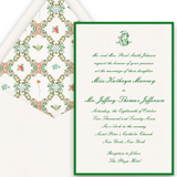 Green Border Monogram with Floral Watercolor Trellis Empire Script Wedding Invitation