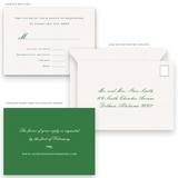 Green Border Monogram with Floral Watercolor Trellis Empire Script Wedding Invitation