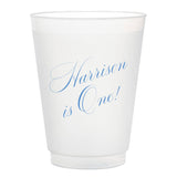 Custom printed blue slanted script birthday frosted party cup