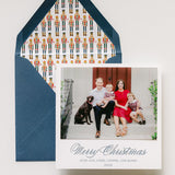 Merry Christmas Holiday Letterpress Navy Nutcracker Custom Photo Attached Card