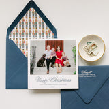 Merry Christmas Holiday Letterpress Navy Nutcracker Custom Photo Attached Card