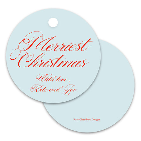 Blue and Red "Merriest Christmas" Script Round Holiday Gift Tag