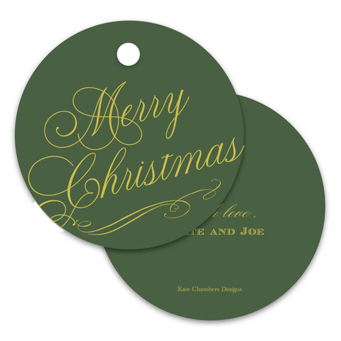 Forest Green and Chartreuse "Merry Christmas" Script Round Holiday Gift Tag