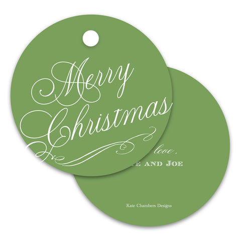 Green and White "Merry Christmas" Script Round Holiday Gift Tag