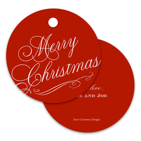 Red and White "Merry Christmas" Script Round Holiday gift tag