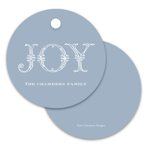 Blue and White "Joy" Decorative Round Holiday Gift Tag