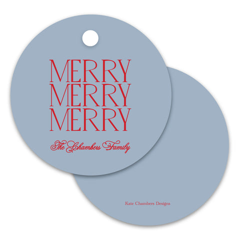 Blue and Red "Merry, Merry, Merry" Simple Round Holiday Gift Tag