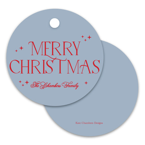 Blue and Red "Merry Christmas" Decorative Round Holiday Gift Tag