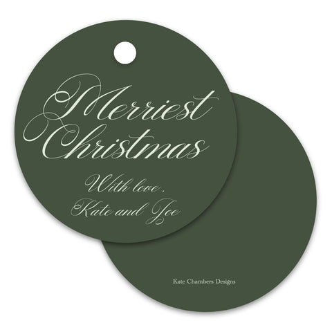 Green and White "Merriest Christmas" Round Holiday Gift Tag