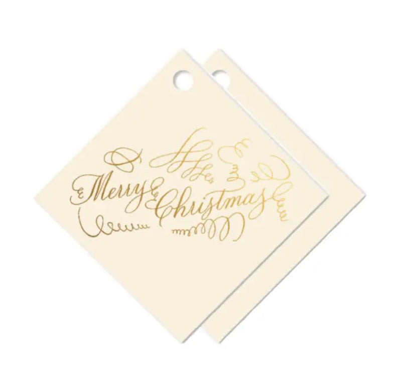 Gold 'Merry Christmas' text on a beige card with a white background