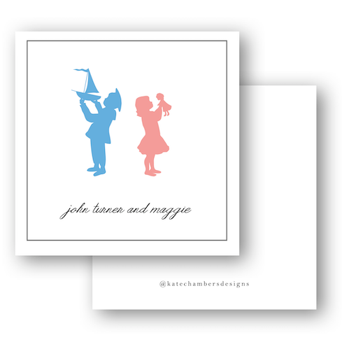 Vintage Silhouette Girl & Boy Sibling Square Enclosure Card