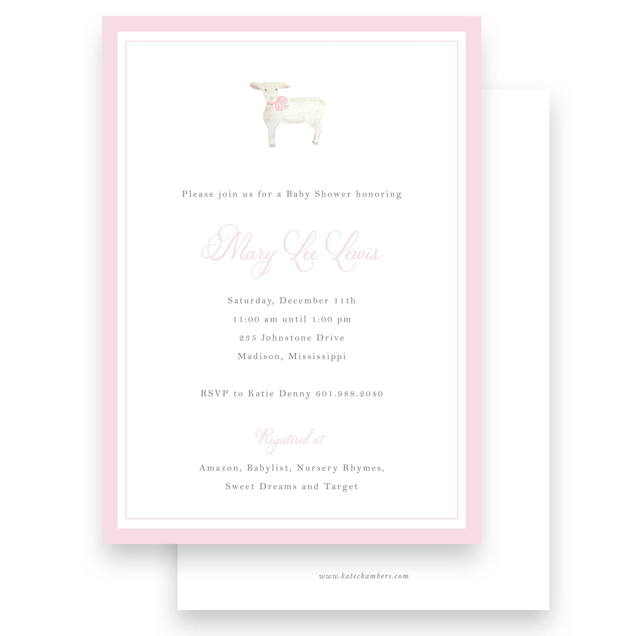 Watercolor Lamb with Pink Bow Baby Shower Invitation