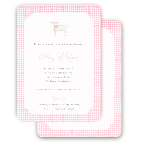 Watercolor Lamb with Pink Bow Pink Gingham Baby Shower Invitation