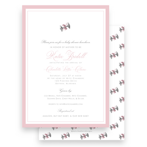 Watercolor Silver Baby Rattle with Pink Bow Baby Shower Invitation