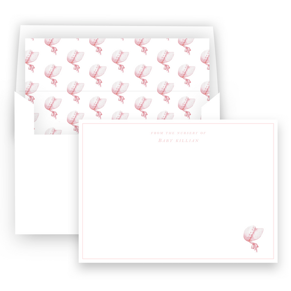 Girl's Watercolor Pink Bonnet Lined Stationery