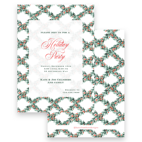 Watercolor Red Berry Pine Garland Holiday Invitation
