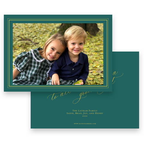 Chartreuse & Forest Green "Merry Christmas To All" Landscape Holiday Card