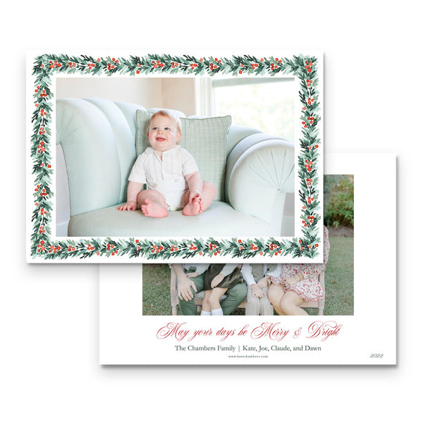 Watercolor Red Berry Pine Garland with Lattice Border Landscape Holiday Card
