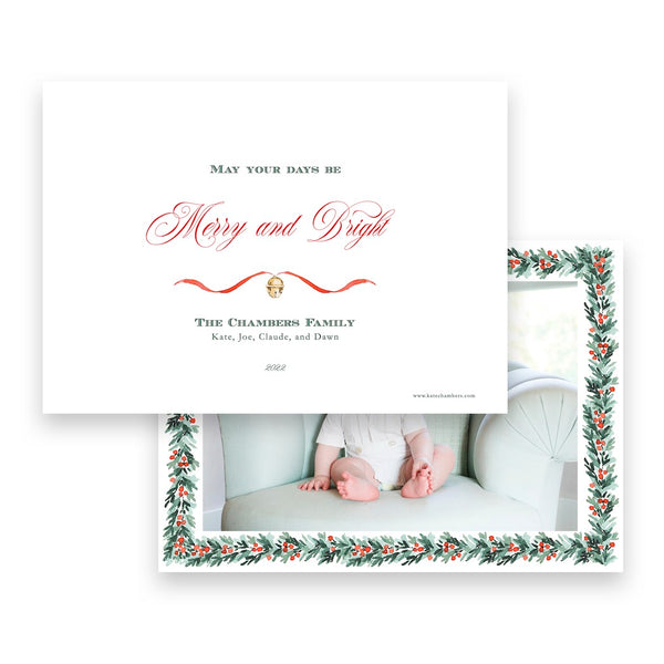 Watercolor Red Berry Pine Garland with Lattice Border Landscape Holiday Card