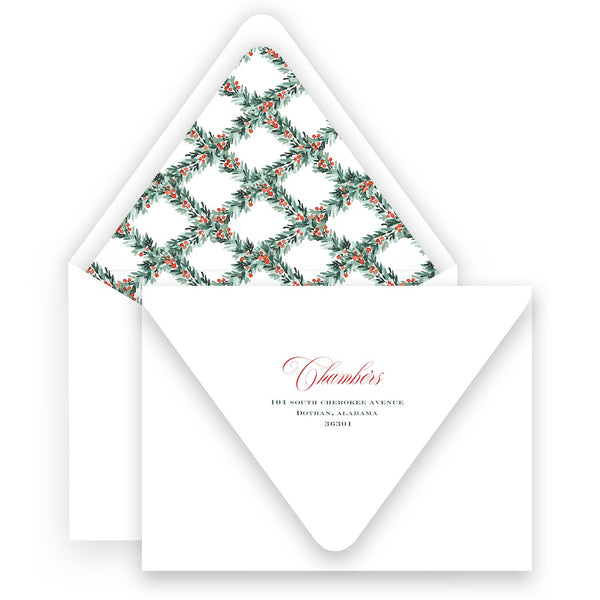 Watercolor Red Berry Pine Garland with Lattice Border & Back Portrait Holiday Card