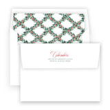 Watercolor Red Berry Pine Garland with Lattice Border & Back Portrait Holiday Card
