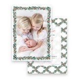 Watercolor Red Berry Pine Garland with Lattice Border Portrait Holiday Card