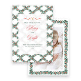 Watercolor Red Berry Pine Garland with Lattice Border Portrait Holiday Card