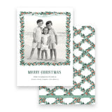 Watercolor Red Berry Pine Garland with Lattice Border & Back Portrait Holiday Card