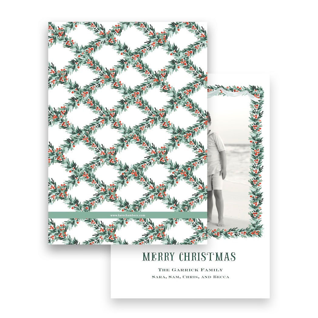 Christmas Holiday photo outlets card - watercolor red berry pine garland lattice border - by Kate Chambers Designs