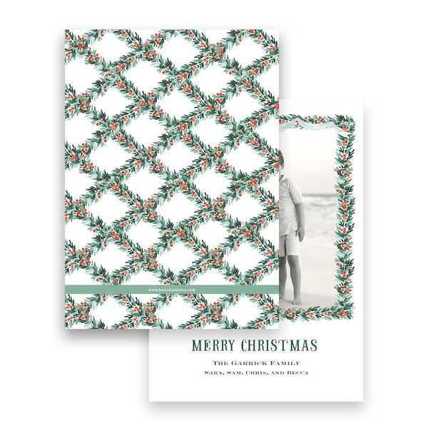 Watercolor Red Berry Pine Garland with Lattice Border & Back Portrait Holiday Card