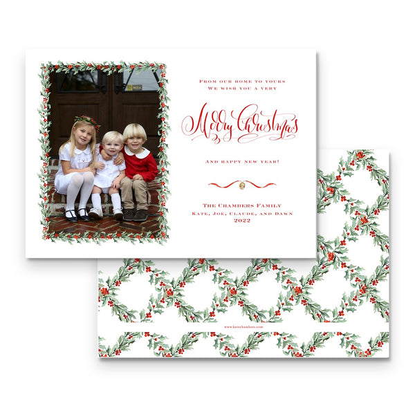 Watercolor Red Berry Holly Garland with Lattice Back Landscape Holiday Card