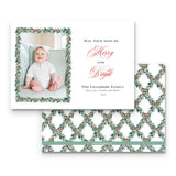 Watercolor Red Berry Pine Garland with Lattice Border & Back Landscape Holiday Card