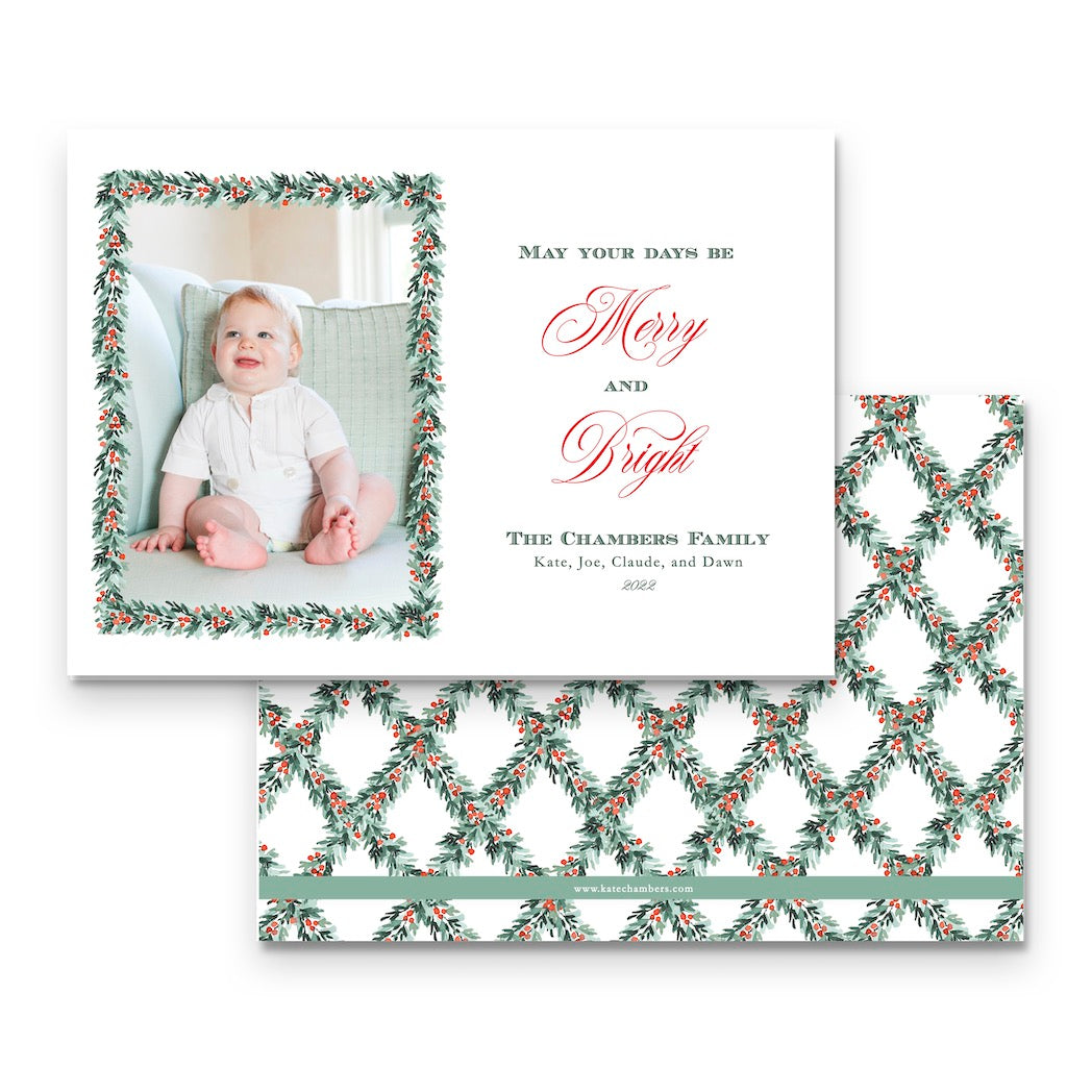 Watercolor Red Berry Pine Garland with Lattice Border & Back Landscape Holiday Card
