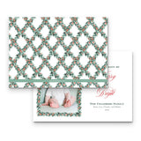 Watercolor Red Berry Pine Garland with Lattice Border & Back Landscape Holiday Card