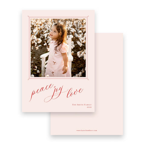 Red and Pink "Peace, Joy, Love" Portrait Holiday Card