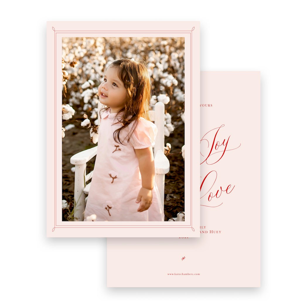 Red and Pink "Peace, Joy, Love" Portrait Full Picture Holiday Card