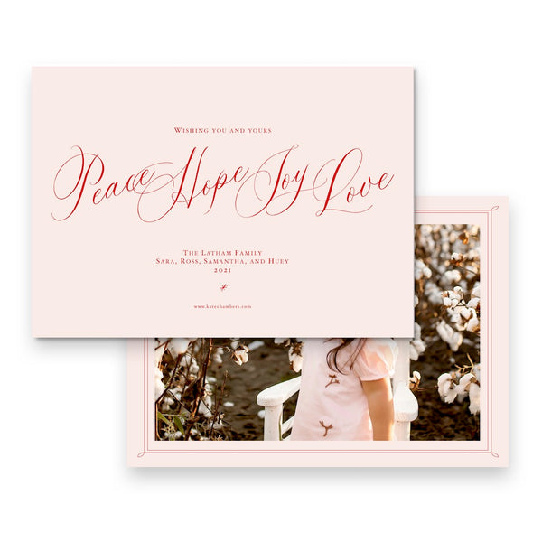 Red and Pink "Peace, Joy, Love" Landscape Full Picture Holiday Card